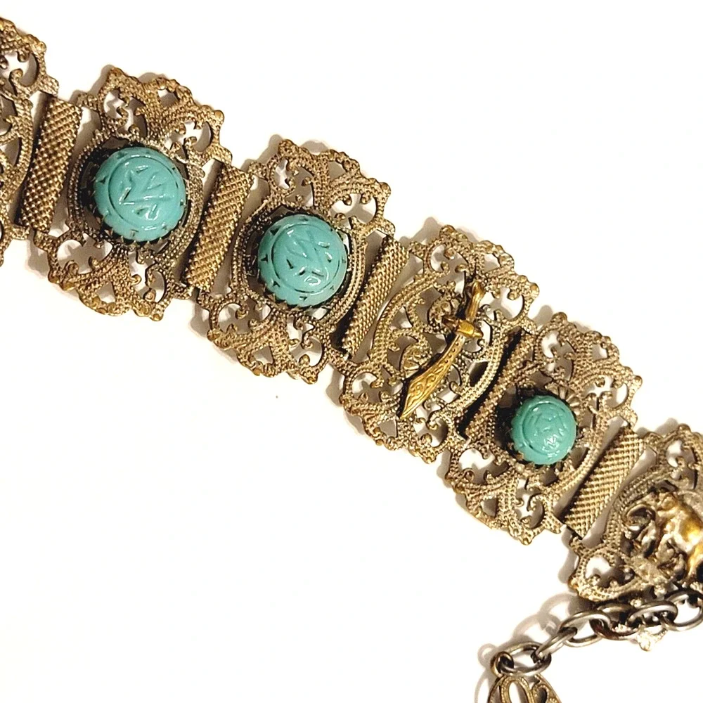 Panel‎ Bracelet Elephant Sword Turquoise Blue Molded Glass Silver-tone sbr-18